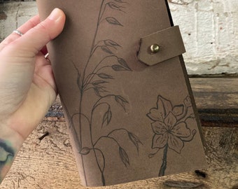 Handmade Brown Leather Journal - Hand Stitched Brown Leather - Flowers Leather Journal - Horse Themed Gifts - Refillable Leather Journal