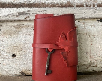 Handmade Red Leather Journal - Stitched Red Leather - Travel Sketch Book - Journal With Key - Red Leather Refillable Journal