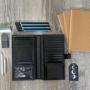 Set de regalo para artistas: portafolio de cuero reciclado / Estuche de arte vintage con lápices y cuadernos de dibujo / Regalo creativo y ecológico