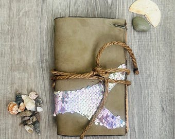 Mermaid Tail Leather Journal – Handmade Suede Grimoire with Shimmer Inlay, Refillable Witchy Notebook