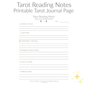 Puede incluir: Una página imprimible de diario de tarot titulada "Tarot Reading Notes". La hoja de trabajo incluye secciones para preguntas, detalles de cartas, interpretaciones, mensajes, acciones y reflexiones. El diseño es sencillo con fondo blanco y texto negro.
