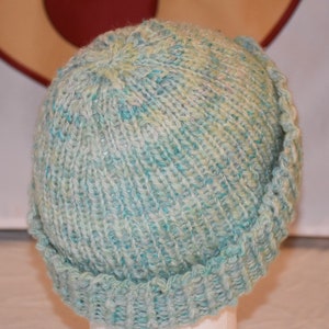 Hand Spun, Hand Knit Wool Winter Hat -- pastel green knit toque, stocking cap, ski hat, toboggon, or watch cap