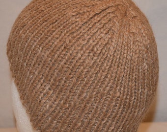 Handspun, Hand Knit Alpaca Winter Hat. Fawn or tan beanie, toque, tuque, skull cap, ski hat, stocking cap or toboggan hat in handspun alpaca