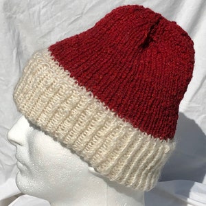 Hand spun, hand knit Santa hat -- watch cap, ski hat, stocking cap, or toboggan hat for Badger fans, Husker Fans or holiday celebrations.