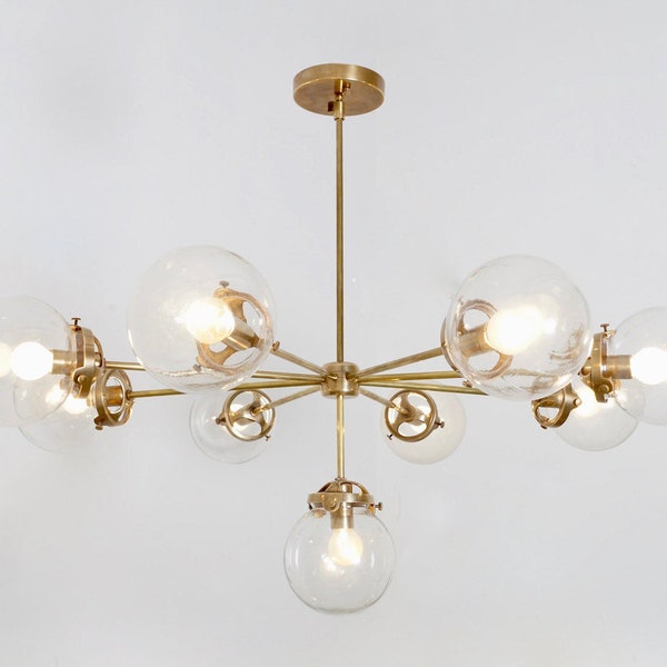 Gorgeous Mid Century Sputnik HELIO Chandelier Light Fixture , Large Modern Handmade Brass Glass Globe Low Ceiling Lamp 9 Light