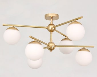 Mid Century Handmade Brass Chandelier GEMMA 6 light,  Contemporary Ceiling Pendant Light Lamp, Dining room Entrance Hall Modern Chandelier