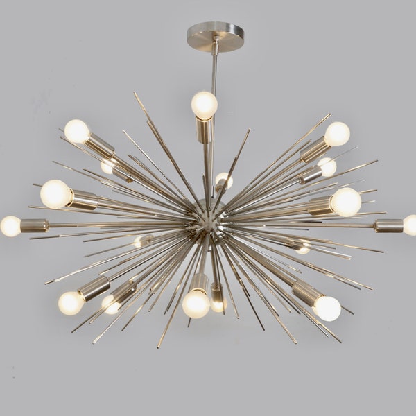 Mid Century Sputnik Brass Chandelier SPURCHIN , Handmade  Urchin Chandelier Silver Chrome Ceiling Light 18 light 32"