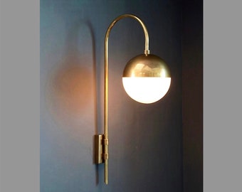 Mid Century Brass Wall Sconce PAPAVERO  Wall Light Lamp , Modern PAPAVERO Brass and Glass Globe Goose Neck Wall Lamp Light Hallway