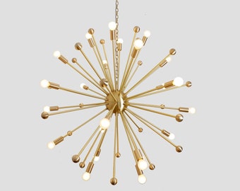 Large Mid Century Sputnik Chandelier, Brass Starburst Light, Custom Length