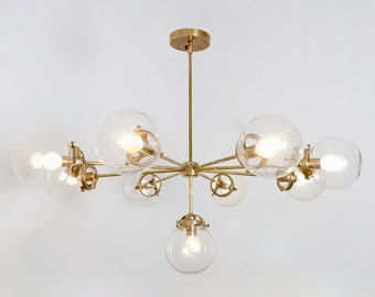 Gorgeous Mid Century Sputnik HELIO Chandelier Light Fixture , Large Modern Handmade Brass Glass Globe Low Ceiling Lamp 9 Light