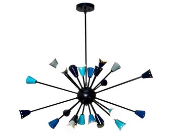 Splendido lampadario Sputnik multicolore della metà del secolo, SCOPPIARE Sputnik Lampada da soffitto Lampada da pranzo 24 luci diametro 32" Inscapes Design