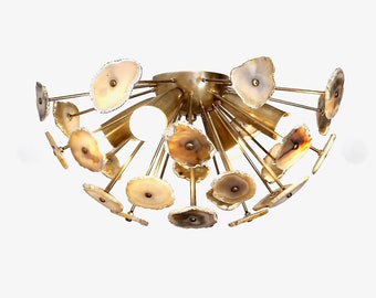 Flush Mount Agate Sputnik Ceiling Light, Brass 4-Light Lamp