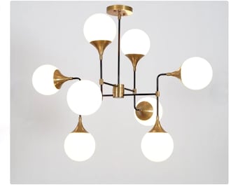 Lampadario Moderno Sputnik 5 Luci Oro Ottone - Vetro Latte, Regolabile, Mid Century