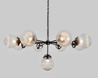 Gorgeous Mid Century Chandelier , HELIOS Ceiling Light , Ceiling Pendant Lamp , Statement Chandelier , Large Chandelier Ribbed Glass Globes