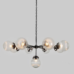 Gorgeous Mid Century Chandelier , HELIOS Ceiling Light , Ceiling Pendant Lamp , Statement Chandelier , Large Chandelier Ribbed Glass Globes