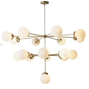 Large Three Tier Mid Century Brass ALESSIO Chandelier , Modern Statement Brass and Glass Chandelier Ceiling Light Diningroom