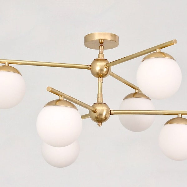 Handmade Brass Chandelier, 6 Light Glass Globe Pendant, Mid Century Modern