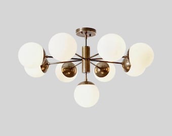 Mid Century Sputnik Kronleuchter, handgefertigte Messing Kugelleuchte, moderne Esszimmer Beleuchtung