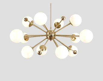 Large Mid Century Brass Sputnik Chandelier, 12-Light Statement Light