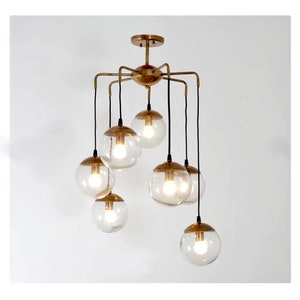 Mid Century Globe CASCADING BUBBLES Chandelier , Modern Statement Brass and Glass Globes Ceiling Light '70s, Dining Room Chandelier 7 light raw brass