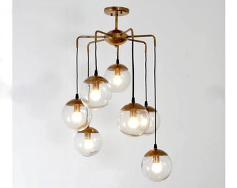 Mid Century Globe CASCADING BUBBLES Chandelier , Modern Statement Brass and Glass Globes Ceiling Light  '70s, Dining Room Chandelier 7 light