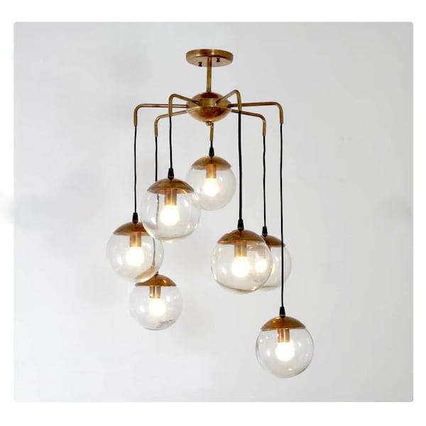 Mid Century Globe CASCADING BUBBLES Chandelier , Modern Statement Brass and Glass Globes Ceiling Light  '70s, Dining Room Chandelier 7 light