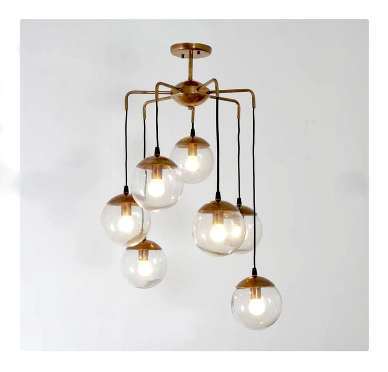 Mid Century Globe CASCADING BUBBLES Chandelier , Modern Statement Brass and Glass Globes Ceiling Light '70s, Dining Room Chandelier 7 light raw brass
