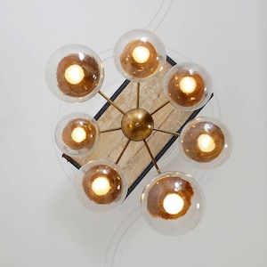 Mid Century Globe CASCADING BUBBLES Chandelier , Modern Statement Brass and Glass Globes Ceiling Light '70s, Dining Room Chandelier 7 light image 3