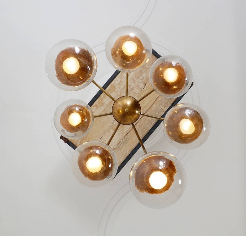 Mid Century Globe CASCADING BUBBLES Chandelier , Modern Statement Brass and Glass Globes Ceiling Light '70s, Dining Room Chandelier 7 light image 3