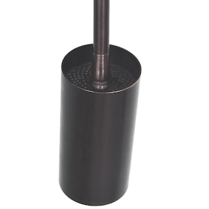 May include: A black metal toilet brush holder with a round top and a cylindrical base.
