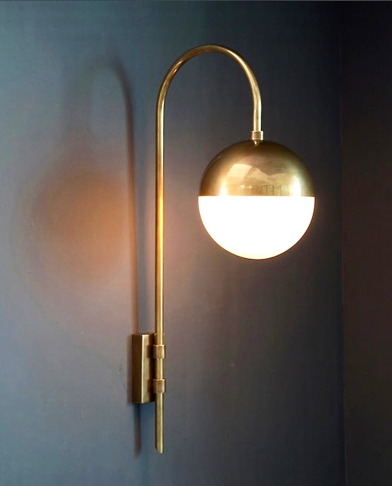 Mid Century Brass Wall Sconce PAPAVERO Wall Light Lamp , Modern PAPAVERO Brass and Glass Globe Goose Neck Wall Lamp Light Hallway image 2