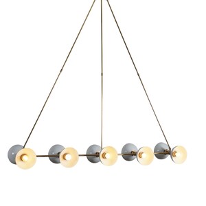 May include: A brass and white chandelier with six lights. The chandelier has a triangular frame and the lights are arranged in a line.