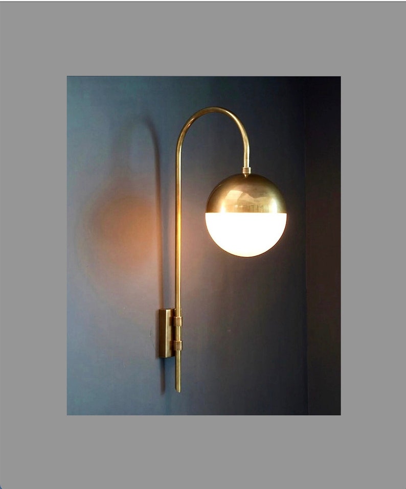 Mid Century Brass Wall Sconce PAPAVERO Wall Light Lamp , Modern PAPAVERO Brass and Glass Globe Goose Neck Wall Lamp Light Hallway image 1