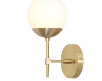 Modern Brass Wall Sconce Light, Handblown Glass Globe, Hallway Lighting