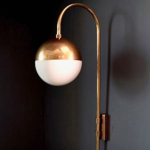 Mid Century Brass Wall Sconce PAPAVERO Wall Light Lamp , Modern PAPAVERO Brass and Glass Globe Goose Neck Wall Lamp Light Hallway image 7