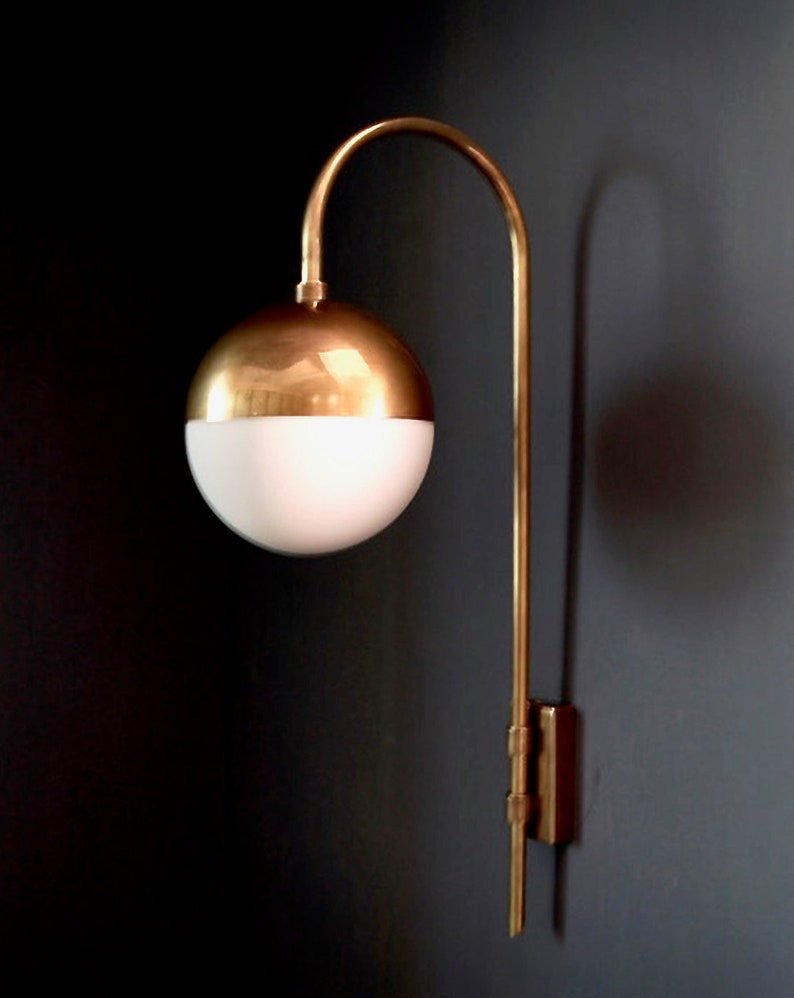 Mid Century Brass Wall Sconce PAPAVERO Wall Light Lamp , Modern PAPAVERO Brass and Glass Globe Goose Neck Wall Lamp Light Hallway image 7