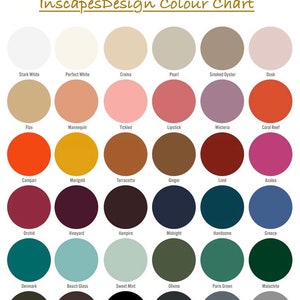 May include: Color chart with 36 different paint colors, each color is represented by a circle with the name of the color written below it. The colors range from white to black and include shades of red, orange, yellow, green, blue, purple, and brown.