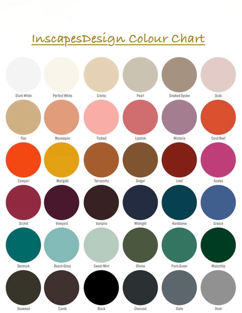May include: Color chart with 36 different paint colors, each color is represented by a circle with the name of the color written below it. The colors range from white to black and include shades of red, orange, yellow, green, blue, purple, and brown.
