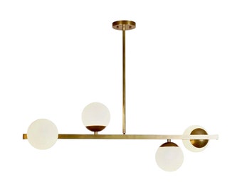 Modern Globe Chandelier, Linear Brass Pendant Light, Kitchen Island Lighting