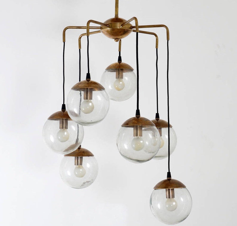 Mid Century Globe CASCADING BUBBLES Chandelier , Modern Statement Brass and Glass Globes Ceiling Light '70s, Dining Room Chandelier 7 light image 5