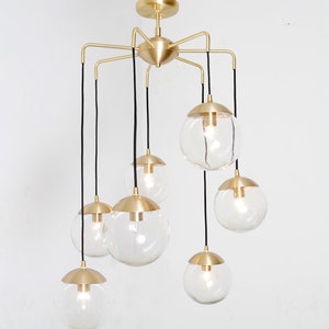 Mid Century Globe CASCADING BUBBLES Chandelier , Modern Statement Brass and Glass Globes Ceiling Light '70s, Dining Room Chandelier 7 light brushed brass