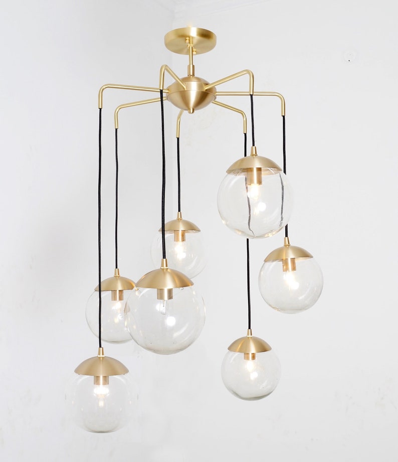 Mid Century Globe CASCADING BUBBLES Chandelier , Modern Statement Brass and Glass Globes Ceiling Light '70s, Dining Room Chandelier 7 light brushed brass