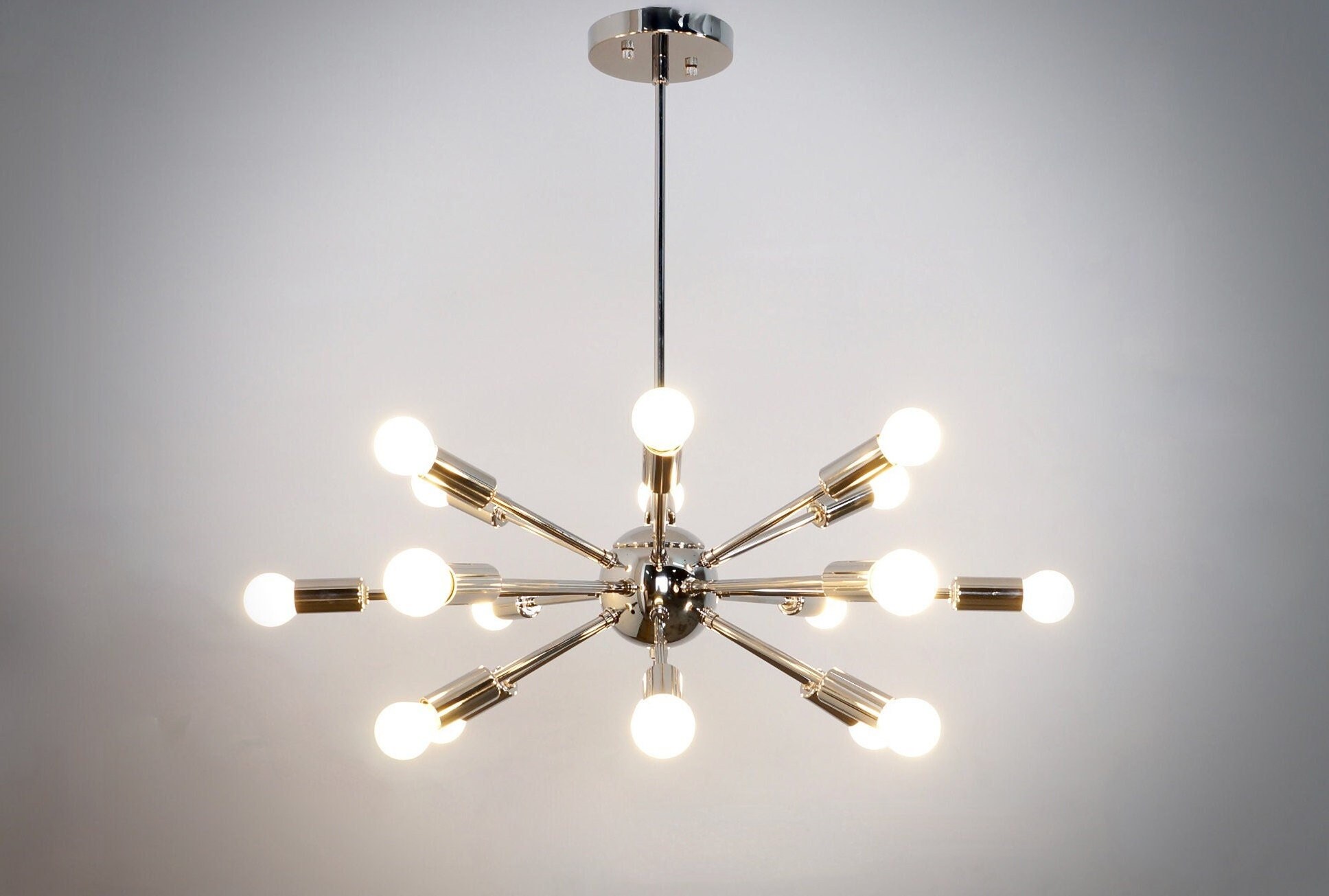 8-Light Sputnik Chandelier - Modern Black & Wood Ceiling Light Fixture For Dining Room, Kitchen, Bedroom