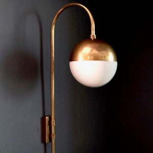 Mid Century Brass Wall Sconce PAPAVERO Wall Light Lamp , Modern PAPAVERO Brass and Glass Globe Goose Neck Wall Lamp Light Hallway image 5