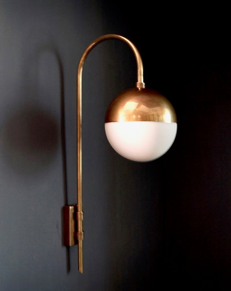 Mid Century Brass Wall Sconce PAPAVERO Wall Light Lamp , Modern PAPAVERO Brass and Glass Globe Goose Neck Wall Lamp Light Hallway image 5