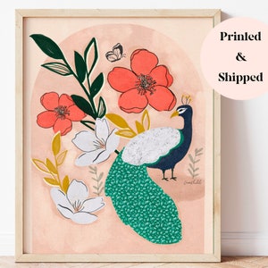 Boho peacock wall art, bird artwork, peacock painting, modern wall art print, minimal artwork, girl nursery decor, peacock living room decor