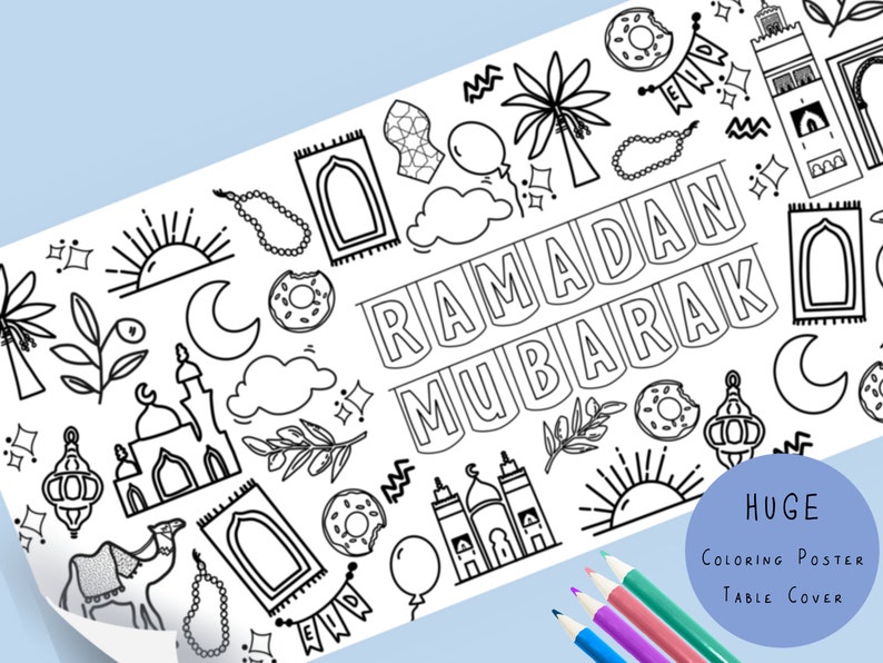 May include: Black and white coloring page featuring a variety of Ramadan-themed illustrations, including a mosque, crescent moon, lanterns, and the text "Ramadan Mubarak".