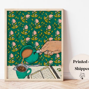 Coffee | Desi Pakistani Chai wall art print | Tea pot | Coffee lover artwork | Green painting | kitchen decor| Indian | Yemeni | Afghan tea