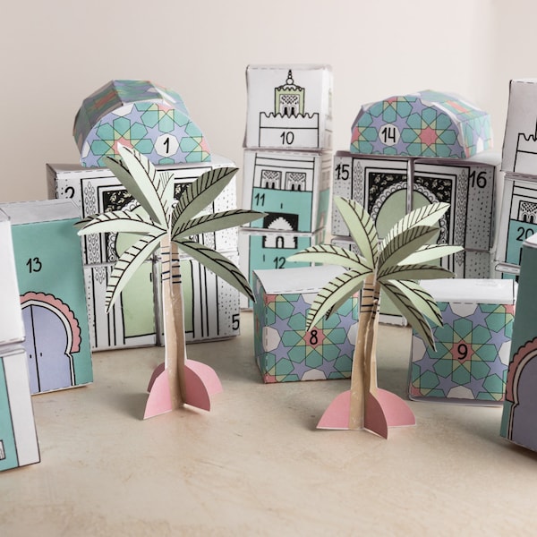 Ramadan countdown village, calendar, Eid advent boxes, printable, kids activity, masjid, musjid diy, Mubarak, decoration, decor, party