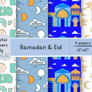May include: Four digital paper designs featuring illustrations related to Ramadan and Eid. The designs include donuts with sprinkles, crescent moons, stars, clouds, and a mosque. The papers are 12 inches by 12 inches.